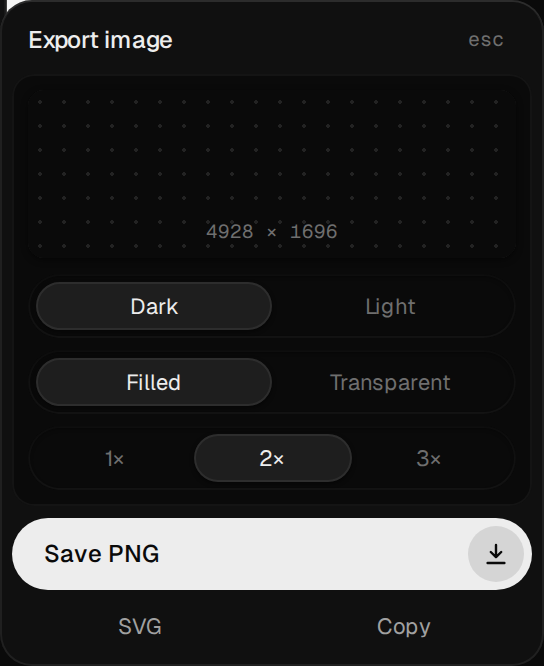 The export panel: dark or light, filled or transparent, 1x, 2x or 3x, then Save PNG, SVG or Copy